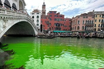 The water of the Grand Canal in Venice turned bright green