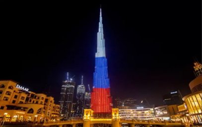 The world's tallest building Burj Khalifa in the UAE was painted in the colors of the Russian flag